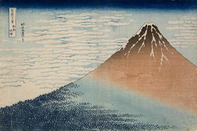 Katsushika Hokusai, „Piękna pogoda przy południowym wietrze” (Gaifu kaisei), z serii „Trzydzieści sześć widoków góry Fudżi | Fugaku sanju-rokkei”, 1832, fot. Pracownia MNK